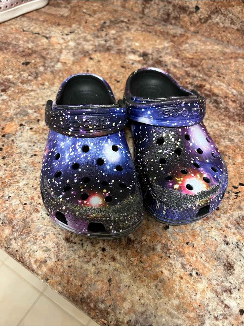 CROCS Kids Galaxy Print Clogs in Black and Purple